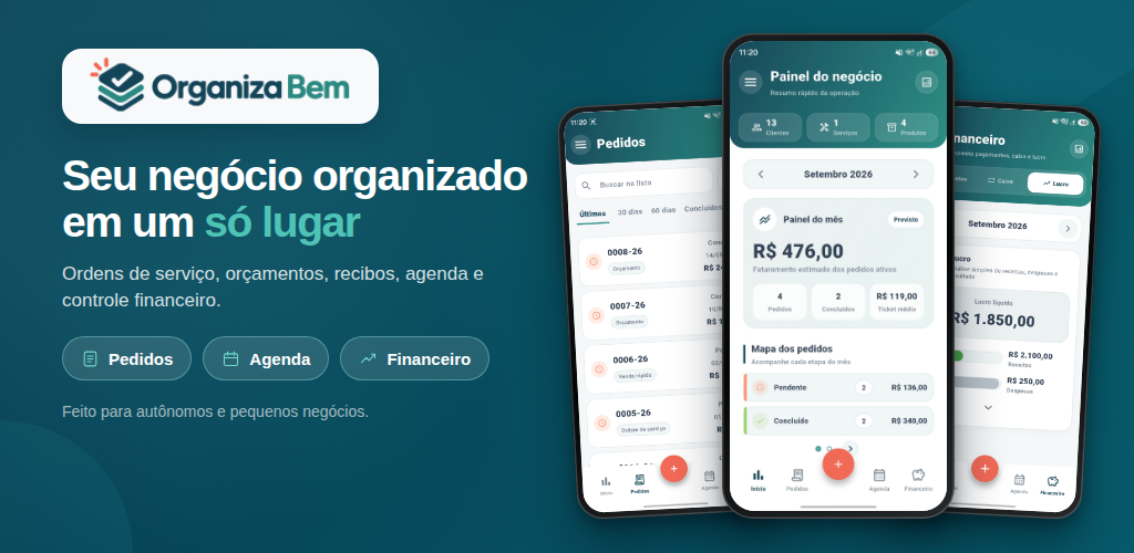 Organiza Bem com pedidos, painel e financeiro